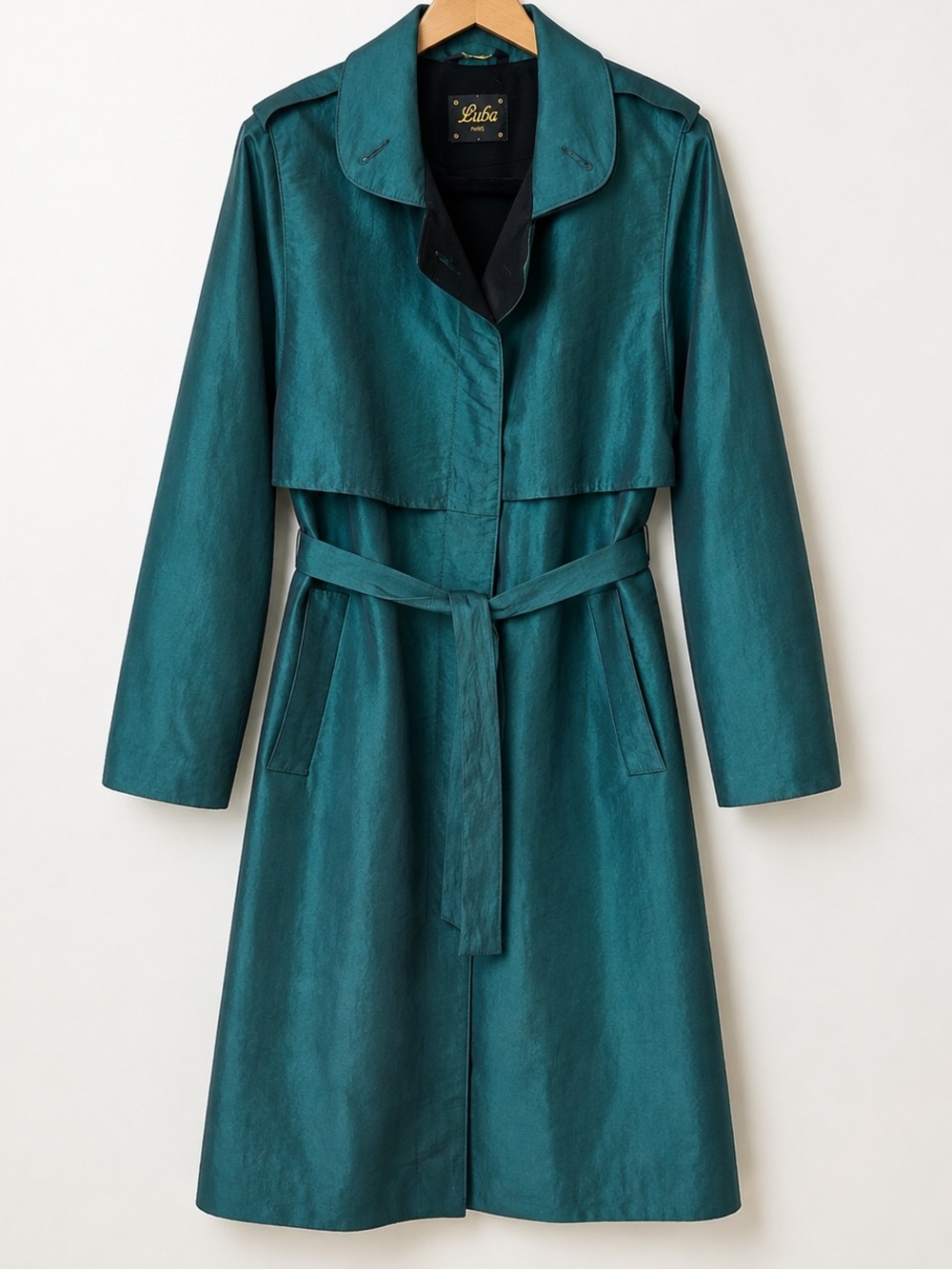 Vintage Luba Paris Teal Trench Coat Dramatic Collar Belted 80s Art Deco